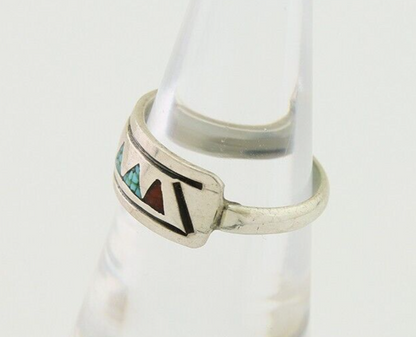 Navajo Handmade Ring 925 Silver Coral & Turquoise Signed SC C.80's