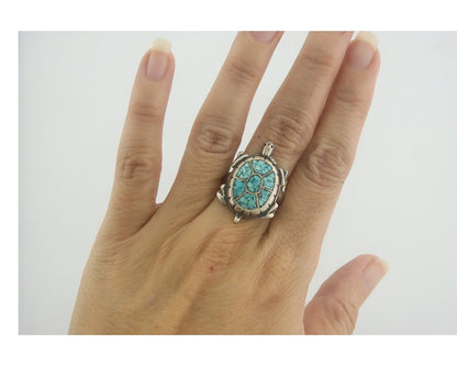 Navajo Ring 925 Silver Inlaid Turtle Turquoise C.80's Size 7.75