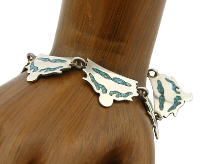 Mexican Artist TM .925 Silver Blue Turquoise Chip Inlay Bracelet