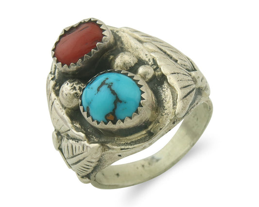 Vintage Navajo Band 925 Sterling Turquoise & Coral Native Artist Size 9.25