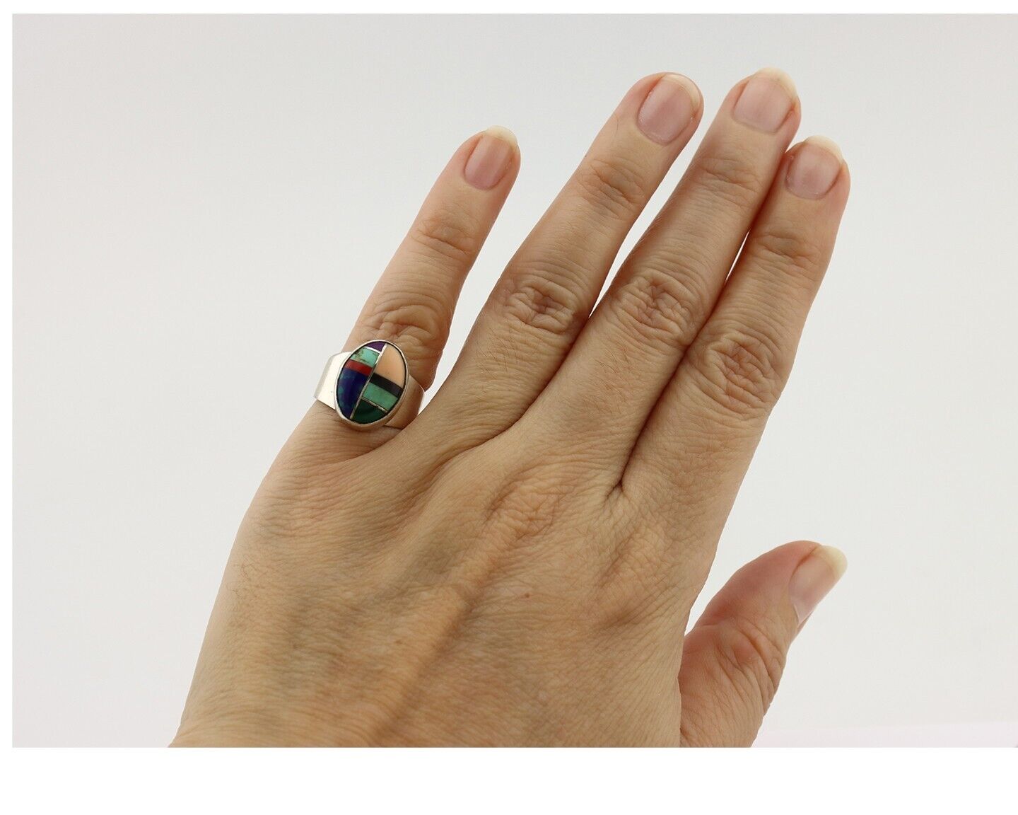 Zuni Inlaid Ring 925 Silver Mixed Natural Gemstones Native American Artist C.80s