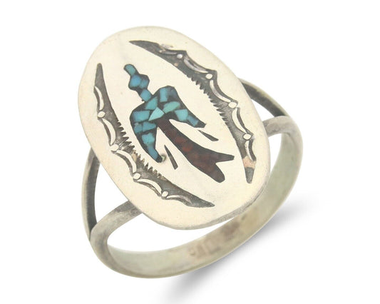 Navajo Ring 925 Sterling Natural Chip Inlay Coral & Turquoise C.80's Size 8.0