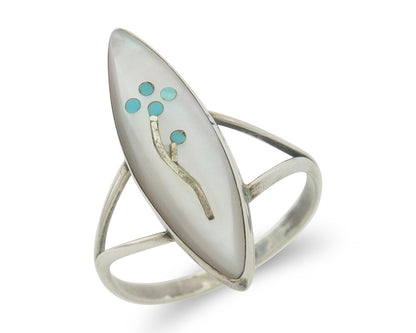 Vintage Navajo Ring 925 Sterling MOP & Turqouiuse Signed J Size 7.5