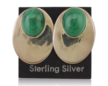 Navajo Shield Earrings 925 Silver Natural Malachite Signed Ella Peters C.80's