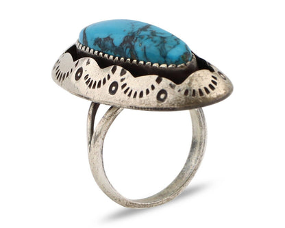 Navajo Ring 925 Silver Blue Spiderweb Turquoise Native American Artist C.80's