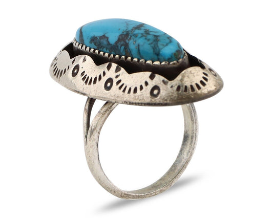 Navajo Ring 925 Silver Blue Spiderweb Turquoise Native American Artist C.80's