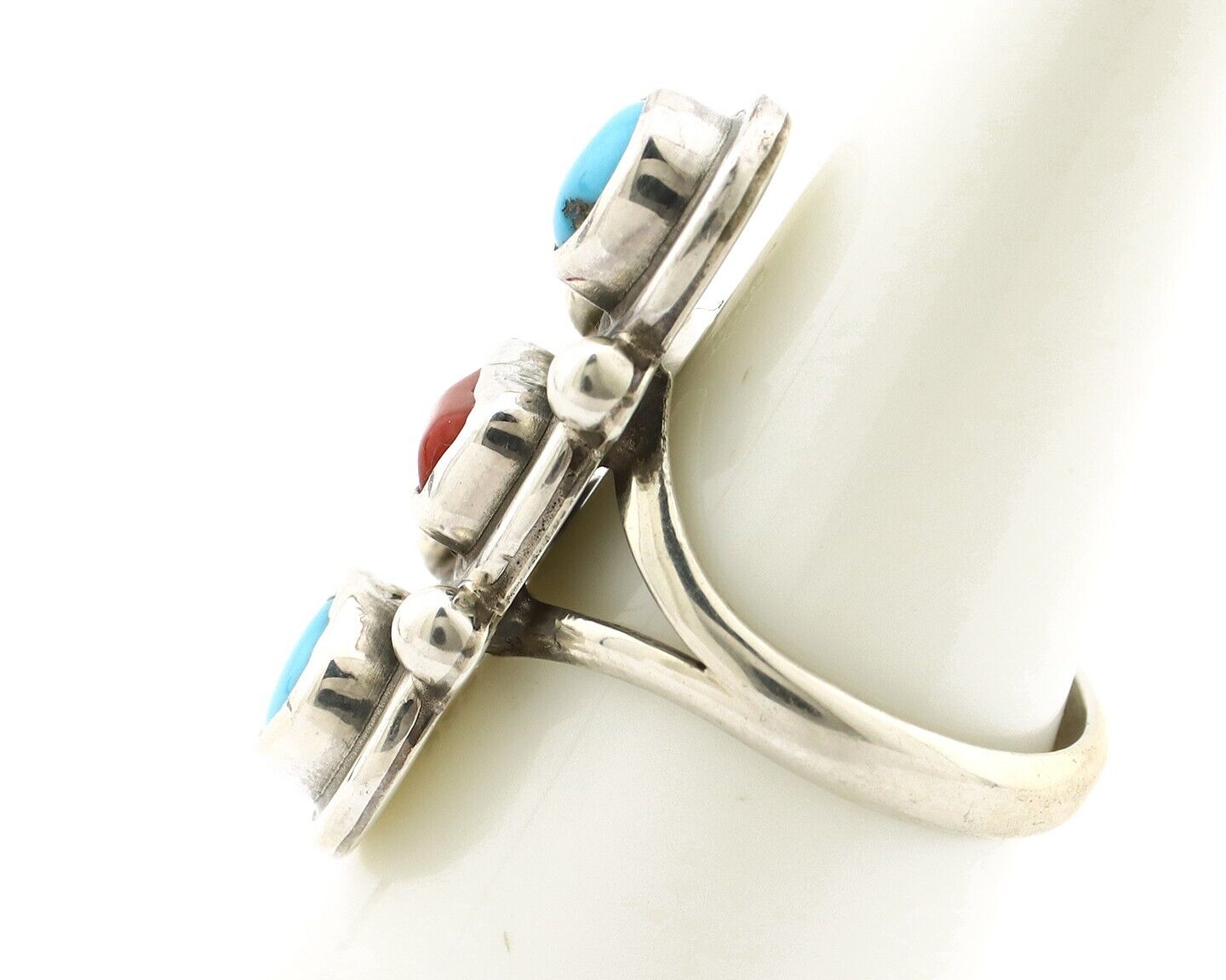 Navajo Ring 925 Silver Sleeping B Turquoise & Coral Native American Artist C.80s