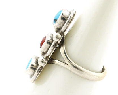 Navajo Ring 925 Silver Sleeping B Turquoise & Coral Native American Artist C.80s