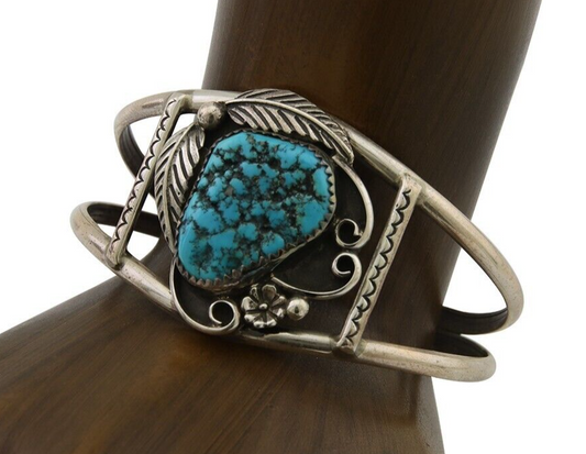 Navajo Bracelet 925 Silver Blue Nugget Turquoise Artist Signed AJ C.80's