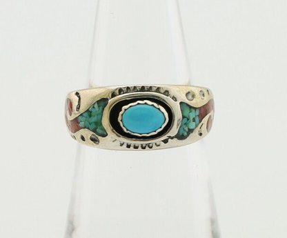 Navajo Ring 925 Silver Turquoise & Coral Natural American Artist C.80's
