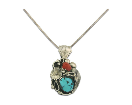 Vintage Navajo Necklace 925 Silver Morenci Turquoise & Coral Artist Signed RM