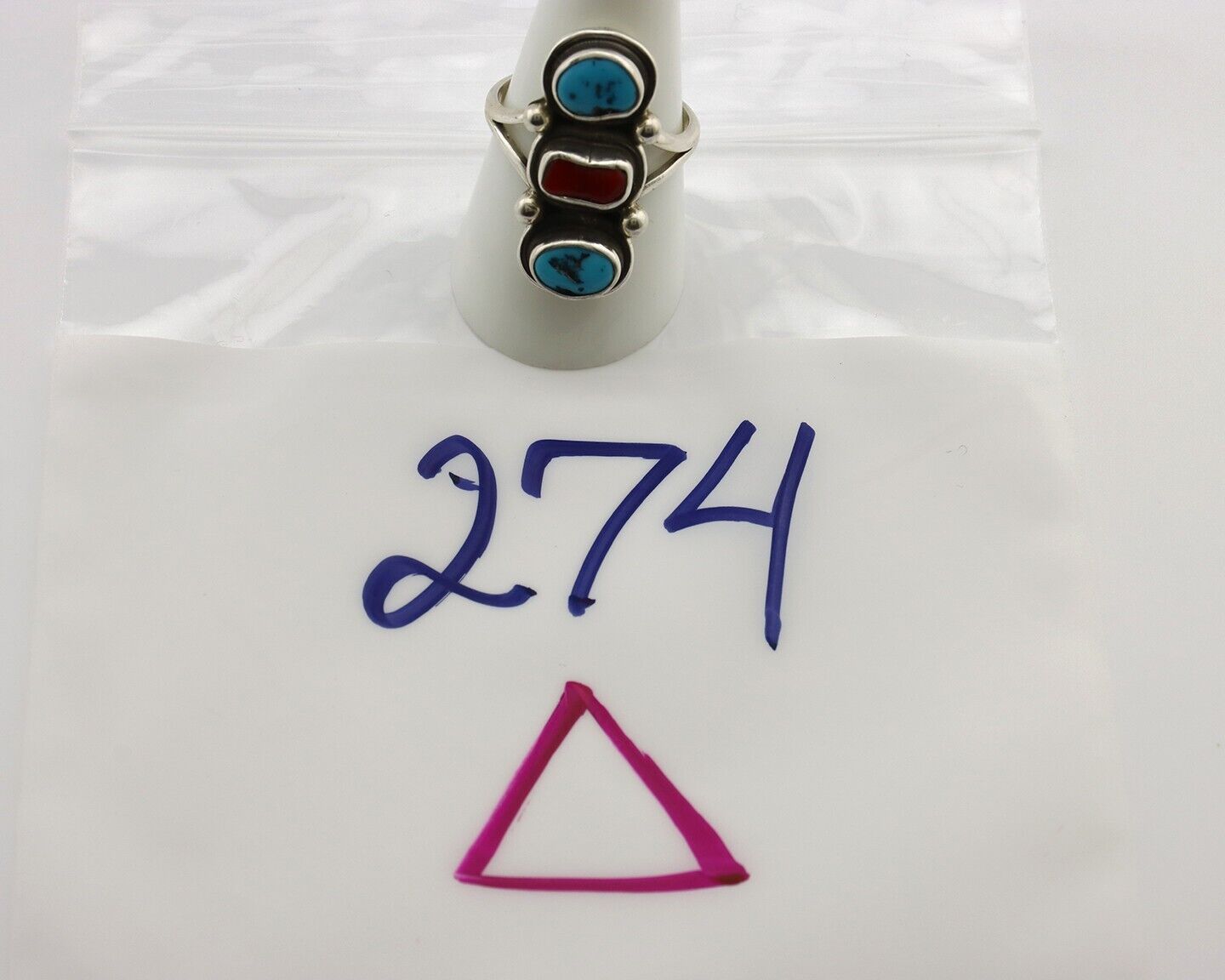 Navajo Ring 925 Silver Sleeping B Turquoise & Coral Native American Artist C.80s