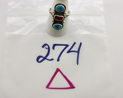 Navajo Ring 925 Silver Sleeping B Turquoise & Coral Native American Artist C.80s