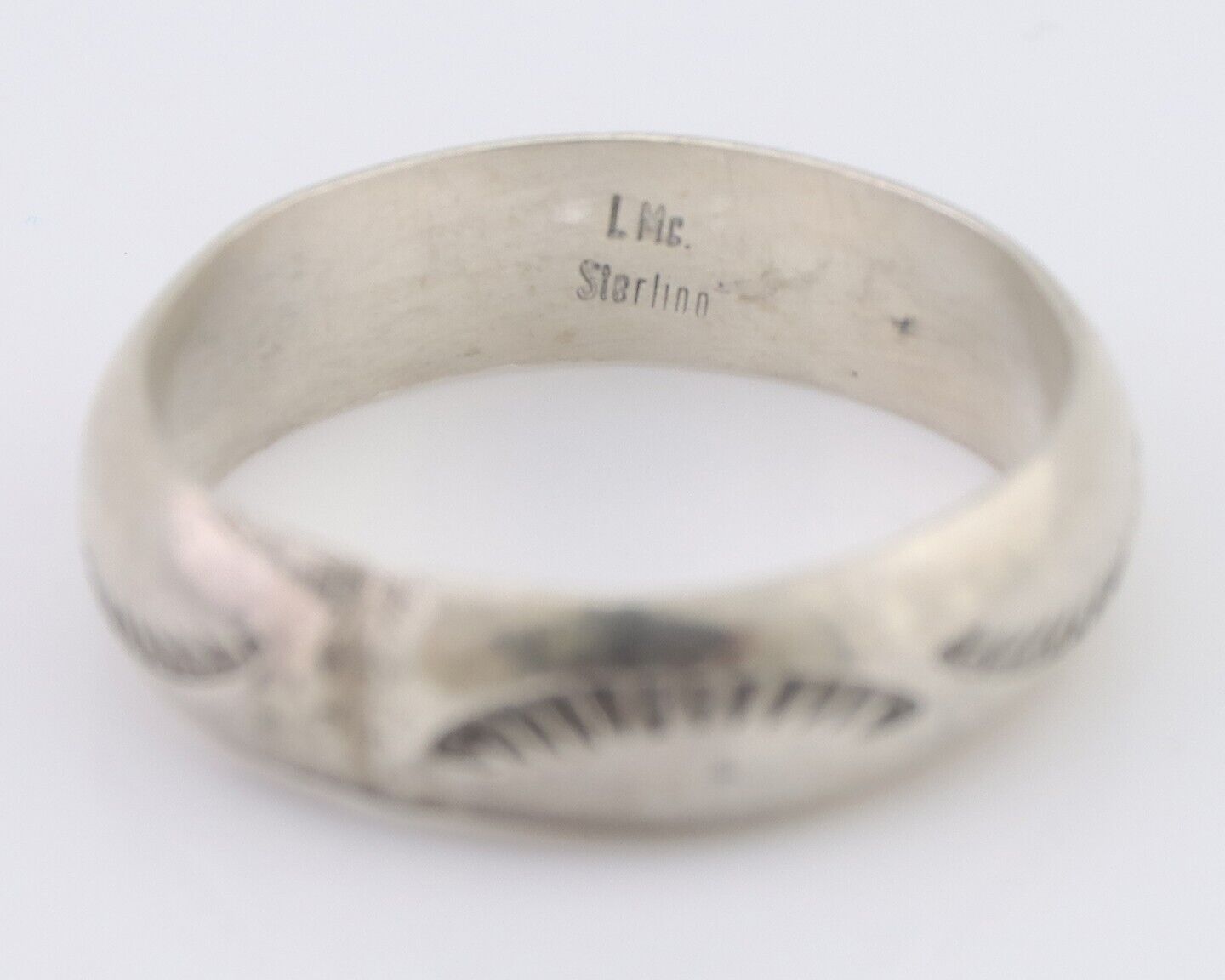 Navajo Hand Stamped Band 925 Silver 6.0 mm Signed Larry Chavez Size 10.25 C.80's