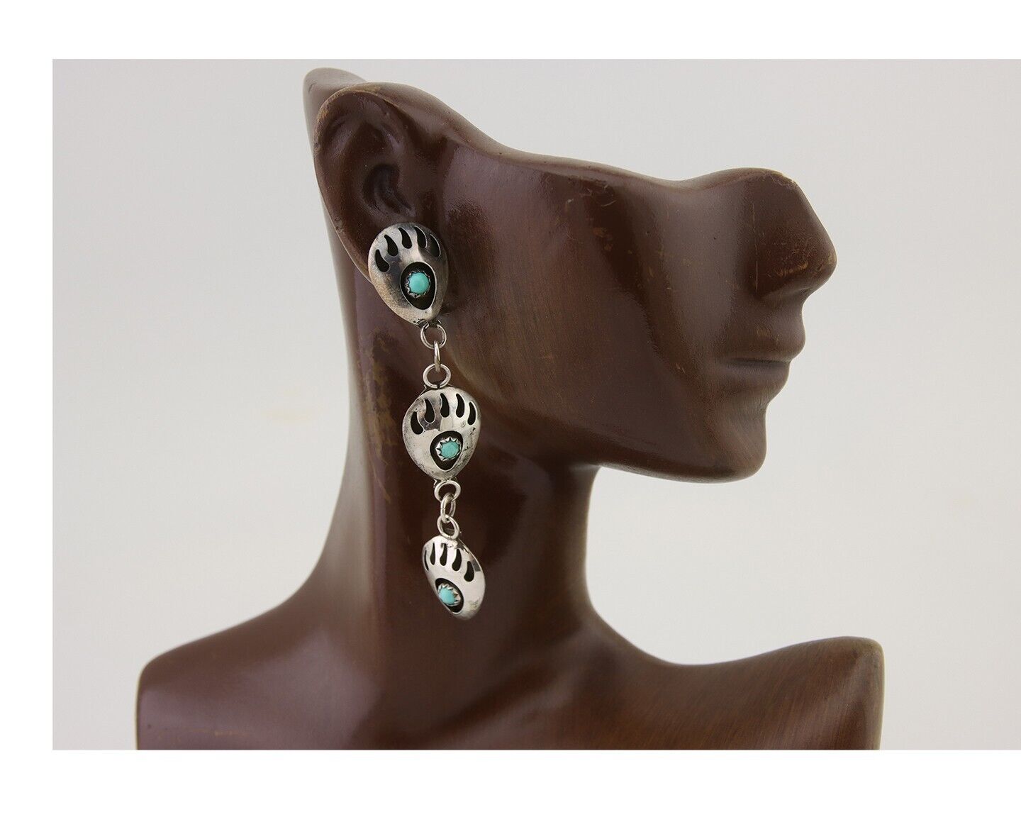 Navajo Paw Earrings 925 Silver Kingman Turquoise Native American Artist C.80's