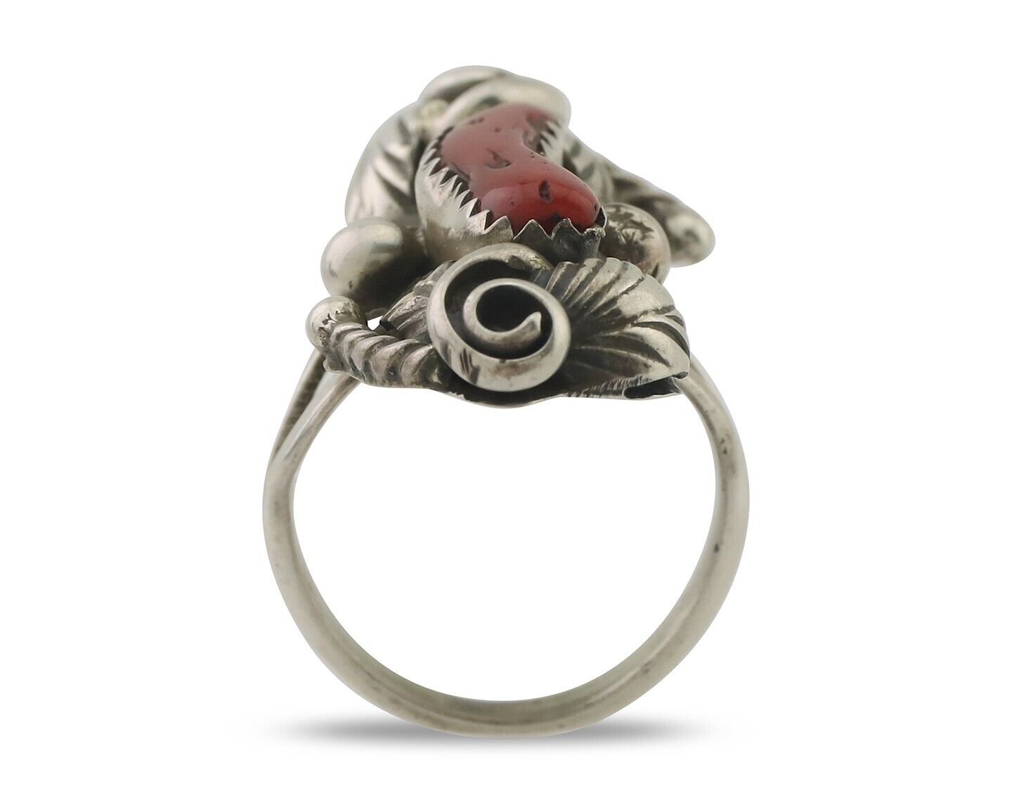 Navajo Handmade Ring 925 Silver Natural Mediterranean Coral Signed Duffy C.80's