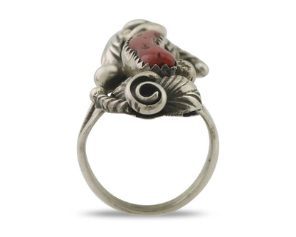 Navajo Handmade Ring 925 Silver Natural Mediterranean Coral Signed Duffy C.80's