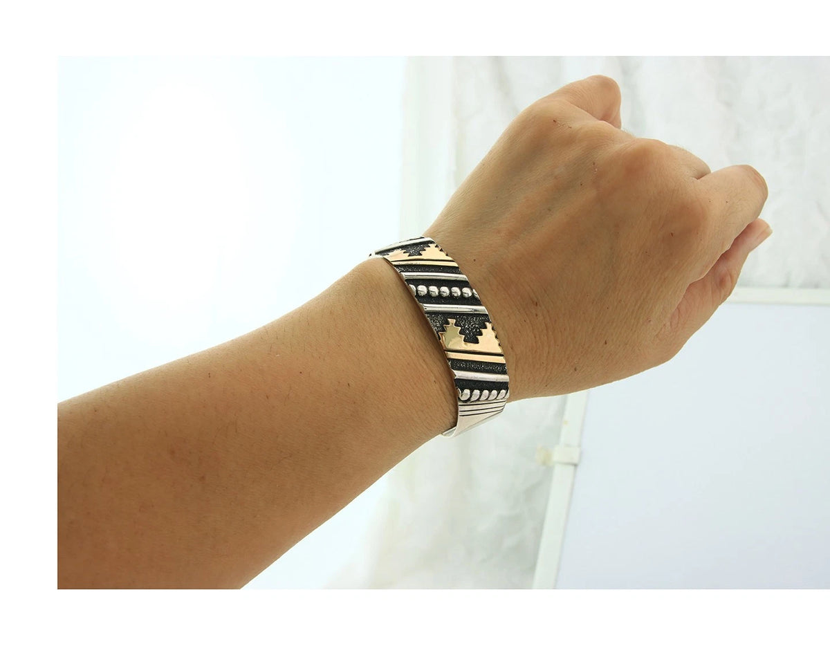 Navajo Cuff Bracelet 925 Sterling Silver & Gold Vintage Signed T Singer