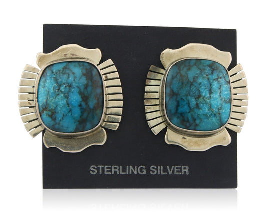 Navajo Earrings 925 Silver Natural Turquoise Artist Signed J Linkin C.80's