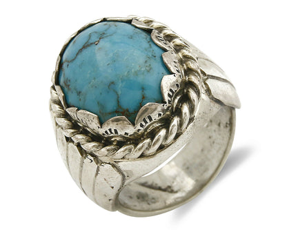 Navajo Ring .925 SOLID Silver Kingman Turquoise Signed Artist TeePee C.80's
