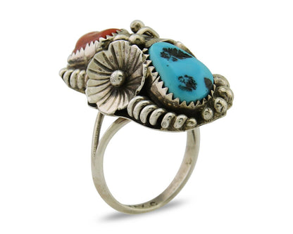 Navajo Handmade Ring 925 Silver Coral & Turquoise Signed Circle Max C.80's