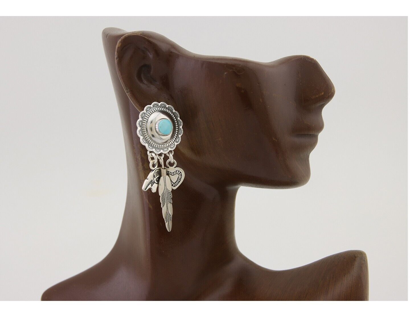 Navajo Concho Dangle Bear Feather Heart Earrings 925 Silver Natural Turquoise