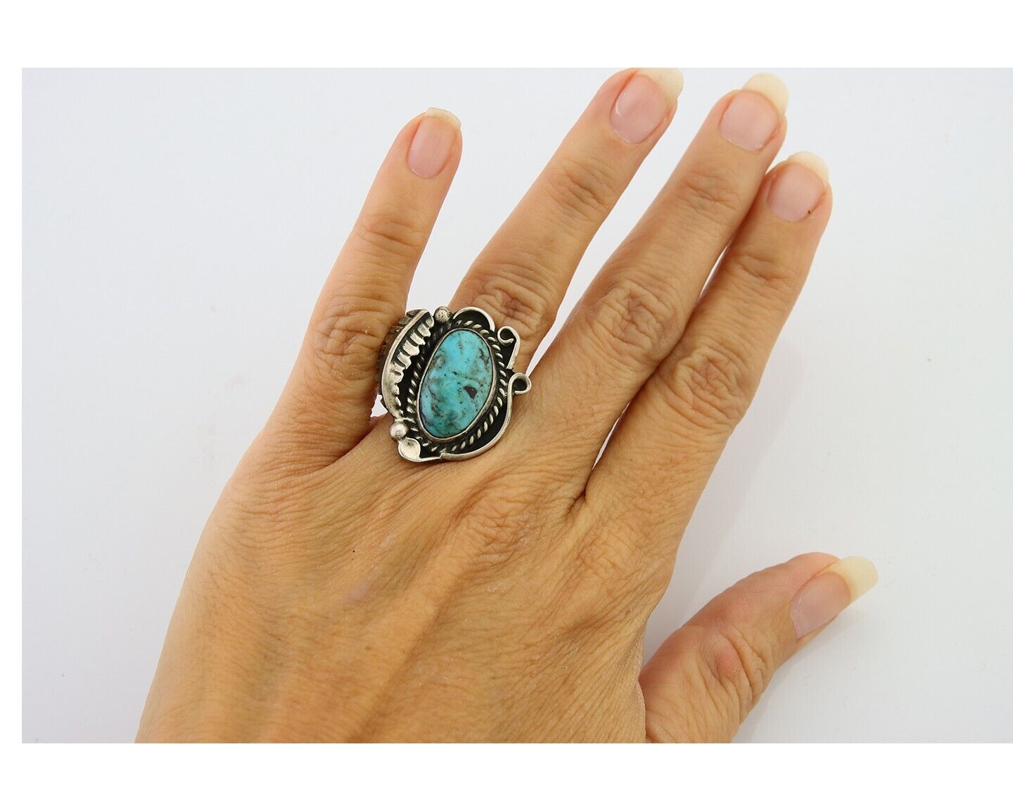 Navajo Ring 925 Sterling Blue Turquoise Native American Artist C.80's