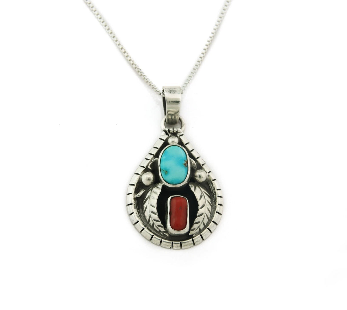 Navajo Necklace 925 Sterling Silver Natural Turquoise & Coral Signed Teepee