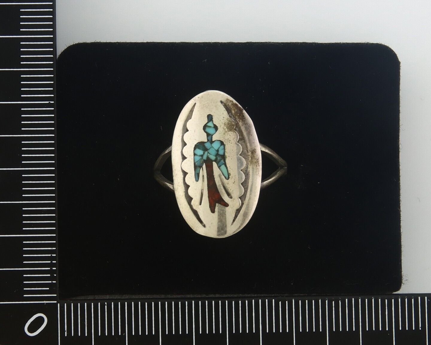 Navajo Ring 925 Sterling Natural Chip Inlay Coral & Turquoise C.80's Size 8.0