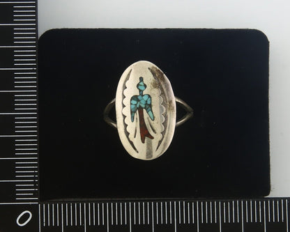 Navajo Ring 925 Sterling Natural Chip Inlay Coral & Turquoise C.80's Size 8.0