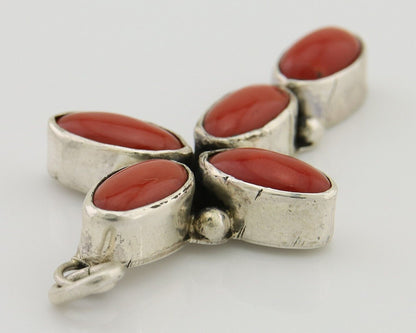Navajo Cross Pendant 925 Silver Mediterranean Coral Signed J Tso C.80s