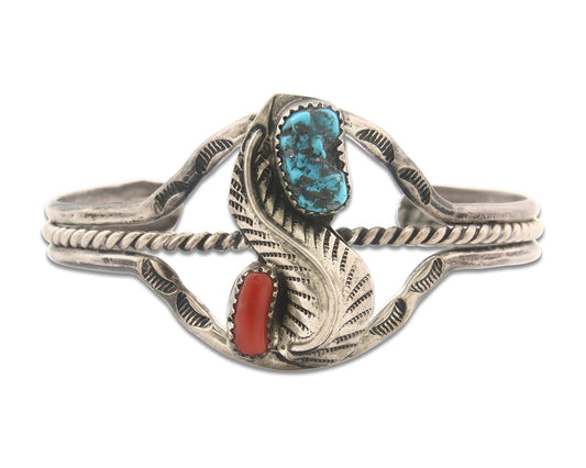 Vintage Navajo Bracelet 925 Silver Red Coral Turquoise Authentic