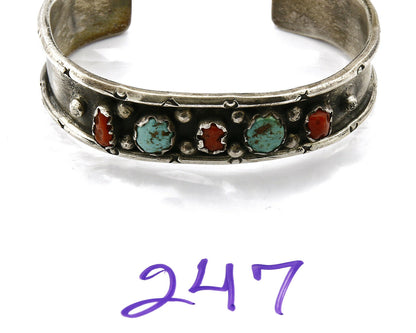 Navajo Bracelet .925 Silver Red Coral & Turquoise Handmade Cuff C.70's