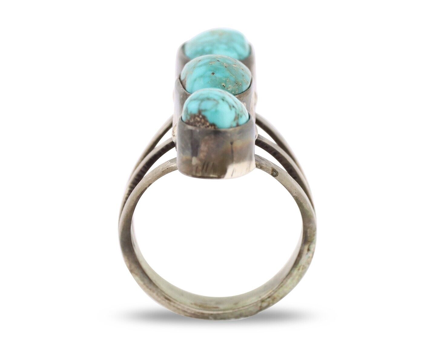 Navajo 3 Stone Ring 925 Silver Morenci Turquoise Native American Artist C.80's