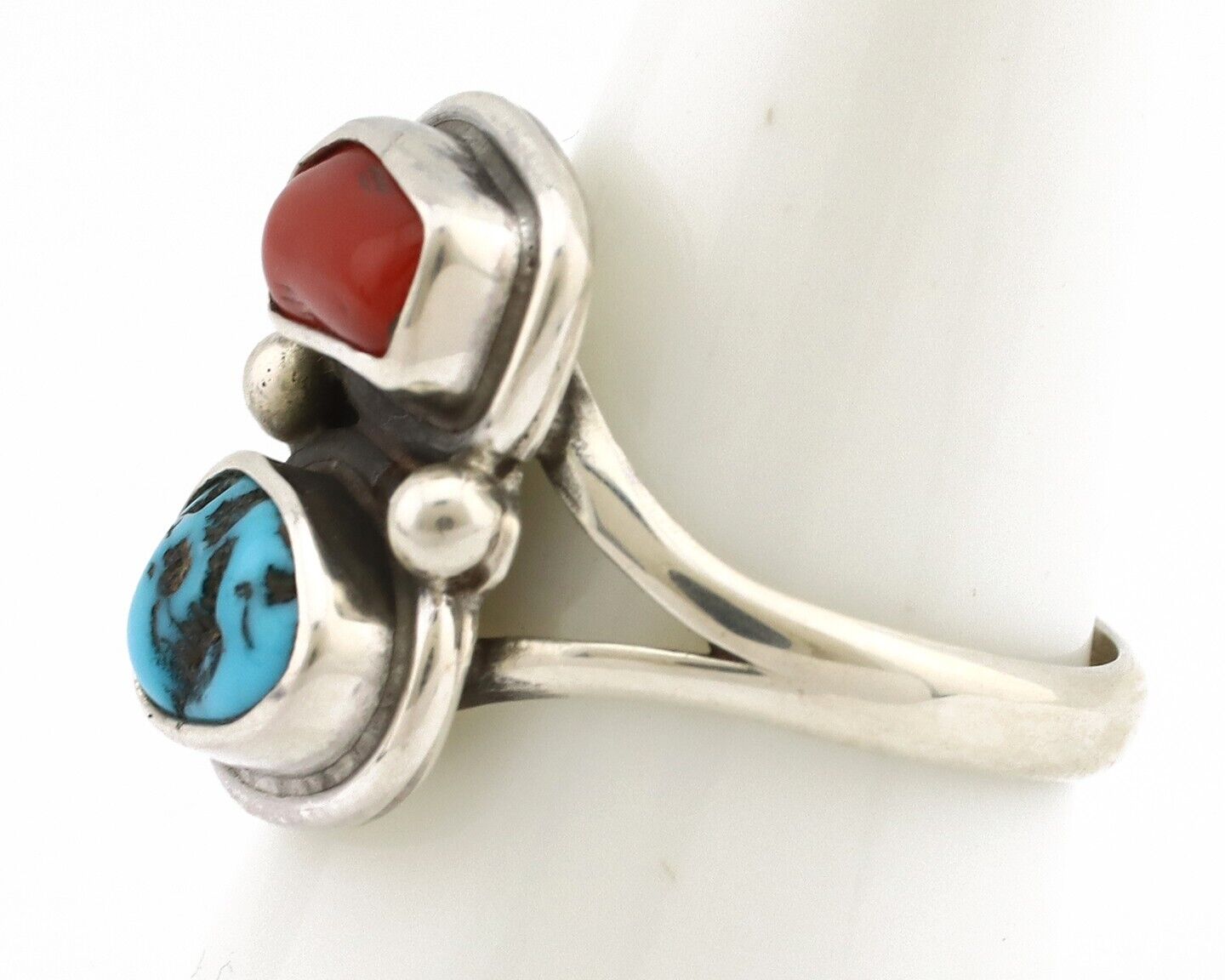 Navajo Ring 925 Silver SB Turquoise & Red Coral Native American Artist C.80s 312