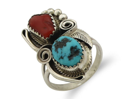Navajo Ring .925 Silver Turquoise & Coral Artist Signed Justin Morris C.80's
