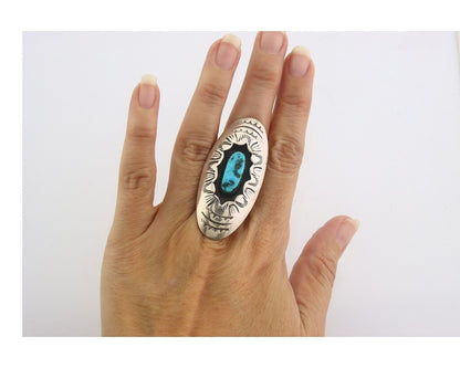 Navajo Ring 925 Sterling Turquoise Hand Stamped Signed J Martinez C.80's Sz 6.5