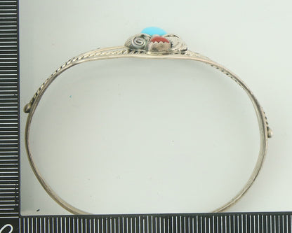 Navajo Bracelet 925 Silver Coral & Turquoise Cuff Signed Running Bear C.80's