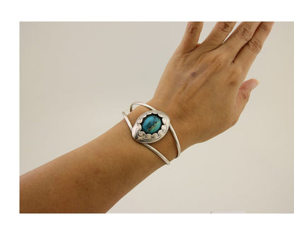 Navajo Hand Stamped Cuff Bracelet Turquoise 925 Silver Native American Artist