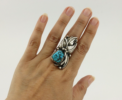 Navajo Ring 925 Silver Sleeping Beauty Turquoise Artist Signed DL C.80's