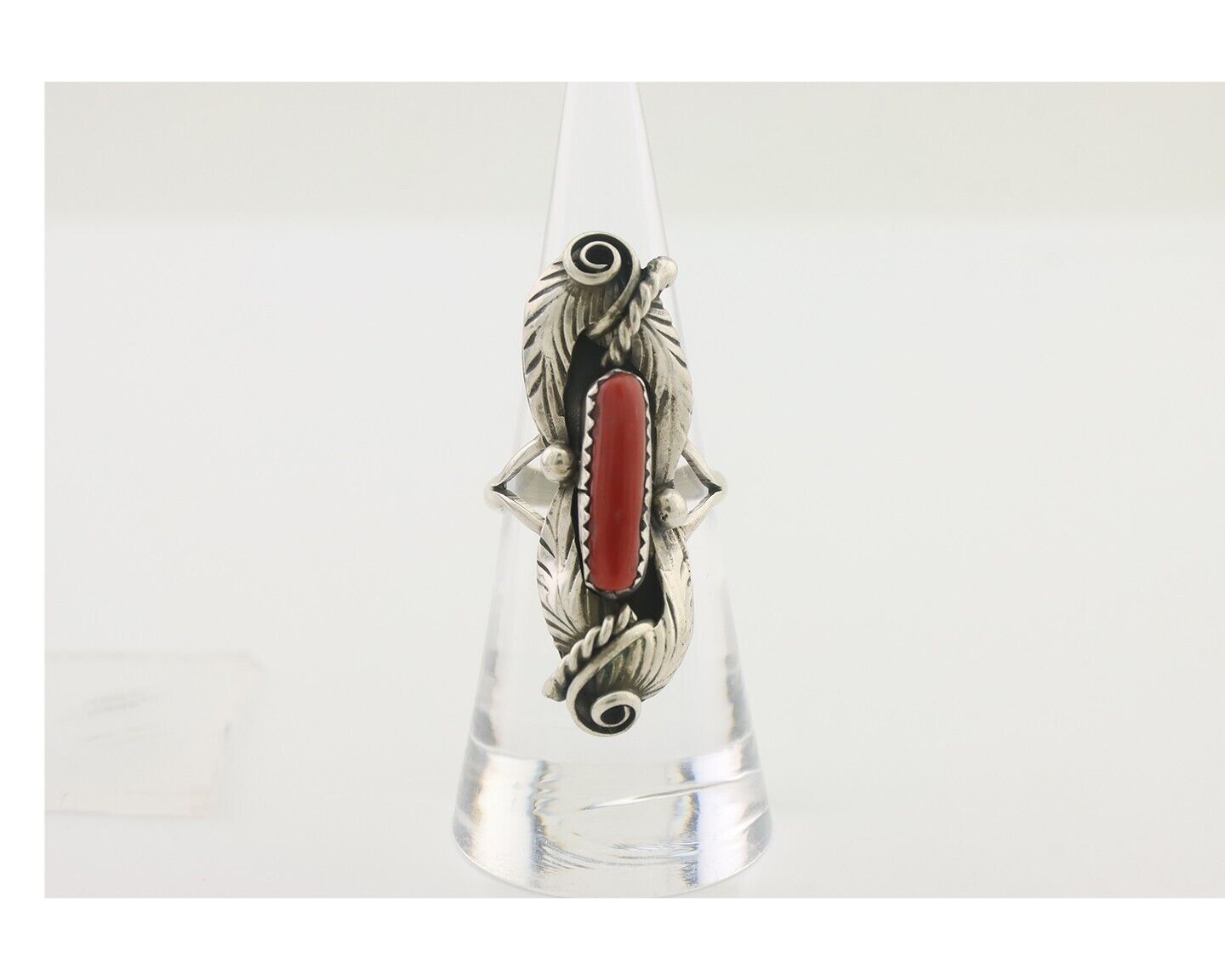 Navajo Handmade Ring 925 Silver Natural Mediterranean Coral Signed Duffy C.80's