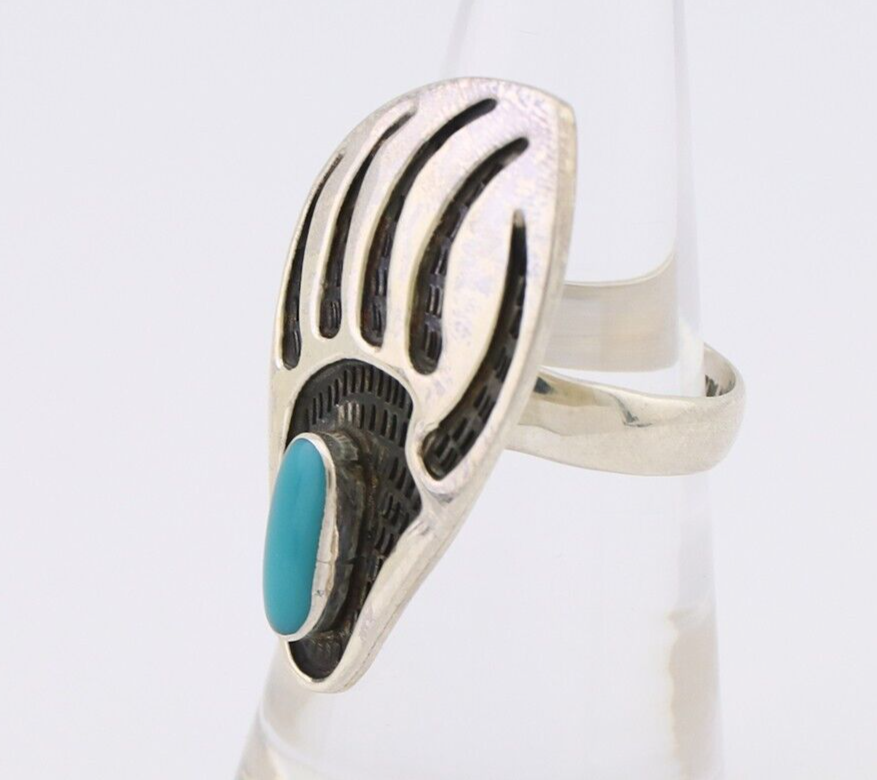 Navajo Badger Paw Ring 925 Silver Turquoise Native American Artist C.80's