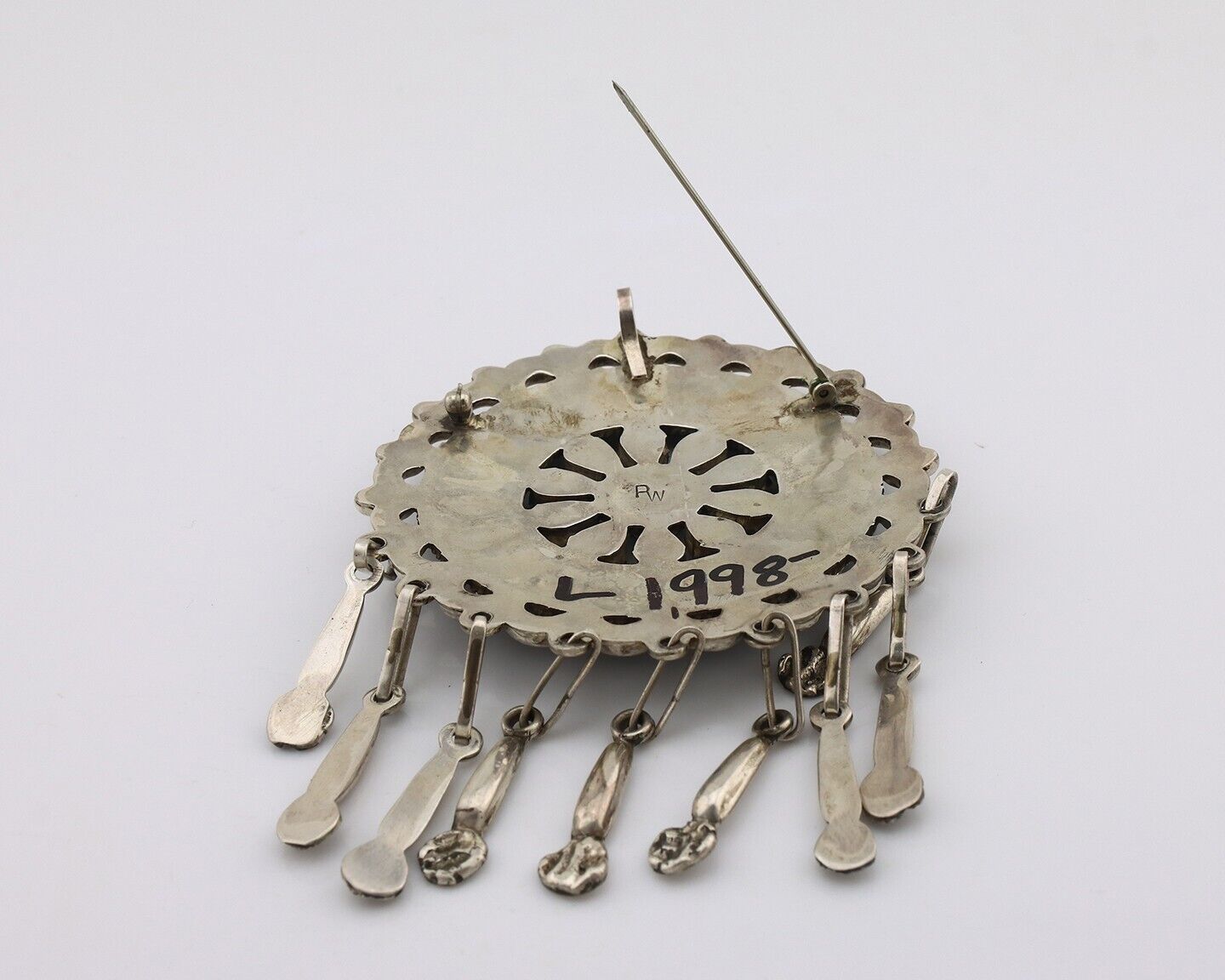 Zuni Pin Pendant .925 Silver Spiderweb Turquoise Signed Patsy Weebothee C.80's