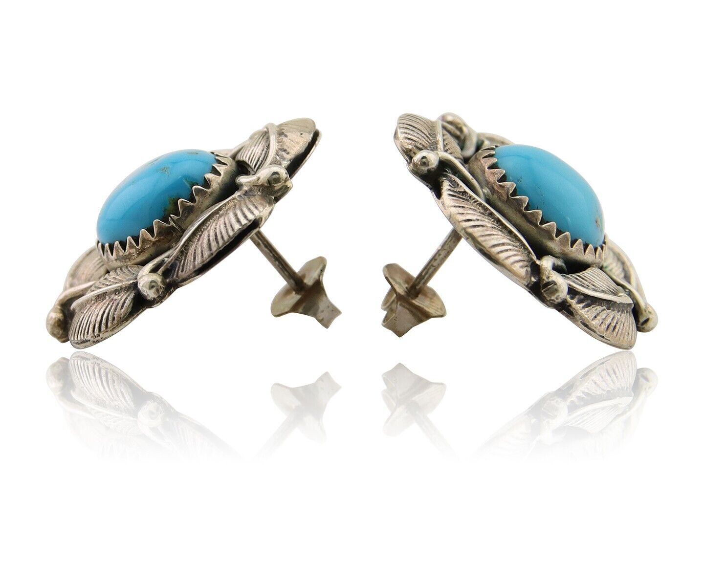 Navajo Earrings 925 Silver Inlaid Natural Turquoise Artist Signed G C.80s