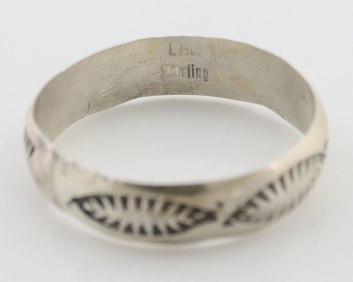 Navajo Hand Stamped Band 925 Silver 5.0 mm Signed Larry Chavez Size 8.35 C.80's