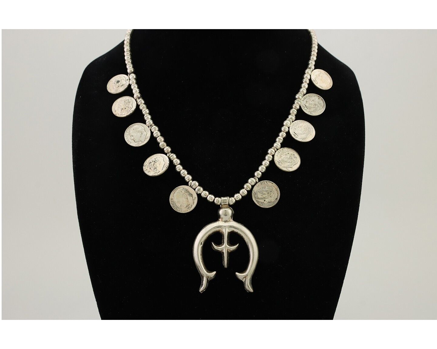 Old Navajo Silver Dime 925 Silver Bead Necklace Native Artist C.80's