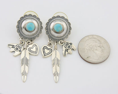 Navajo Concho Dangle Bear Feather Heart Earrings 925 Silver Natural Turquoise
