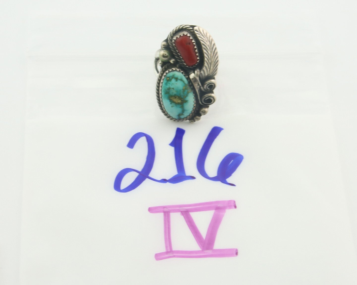 Navajo Ring 925 Sterling Natural Coral & Turquoise Signed JM C.80's Size 8.5