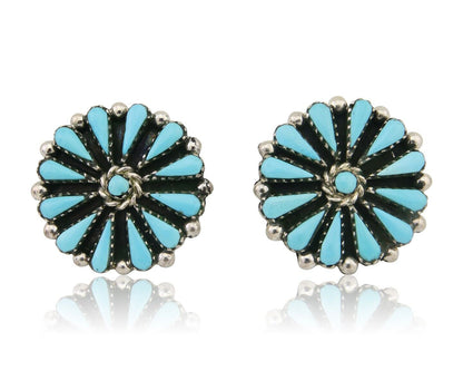 Navajo Petit Point Earrings 925 Silver Turquoise Signed Benson Yazzie C.80's