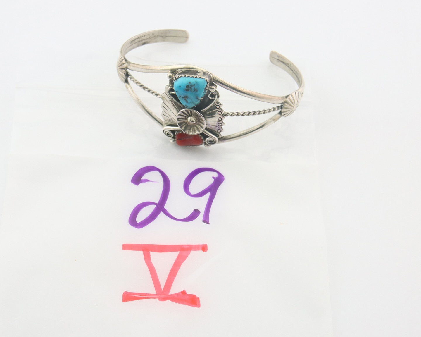 Navajo Bracelet 925 Silver Coral & Turquoise Cuff Signed AR Arrow C.80's